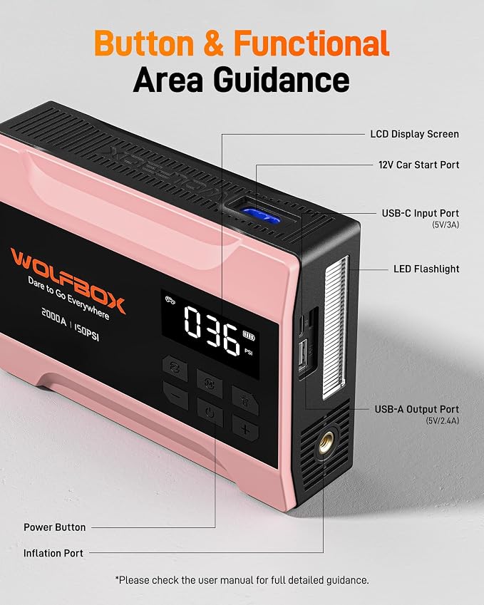 WOLFBOX 2000A Jump Starter with Air Compressor, 37Wh Car Battery Booster Jumper Starter Portable(up to 5L Gas Engine), 12V Jump Box Pack with 150PSI Tire Inflator, Jumper Cables, LED Light — Rose Gold