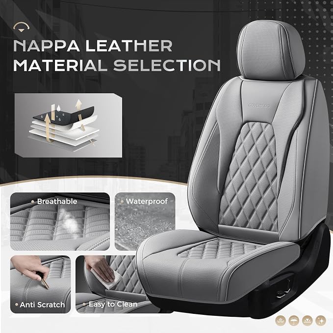 Coverado Car Seat Covers Front Seats and Back, Leather Seat Cover for Cars, Waterproof Seat Covers Full Set Universal Seat Covers Seats Protectors Car Seat Cushion Fit for Most Car - Gray