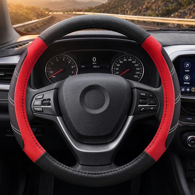 Black and Red Line Punching Car Steering Wheel Cover, Microfiber Leather Sports, 14.5-15 in Universal Leather Wheel Covers, Breathable Fashion Anti-Slip, Steering Wheels Accessories for Men Women