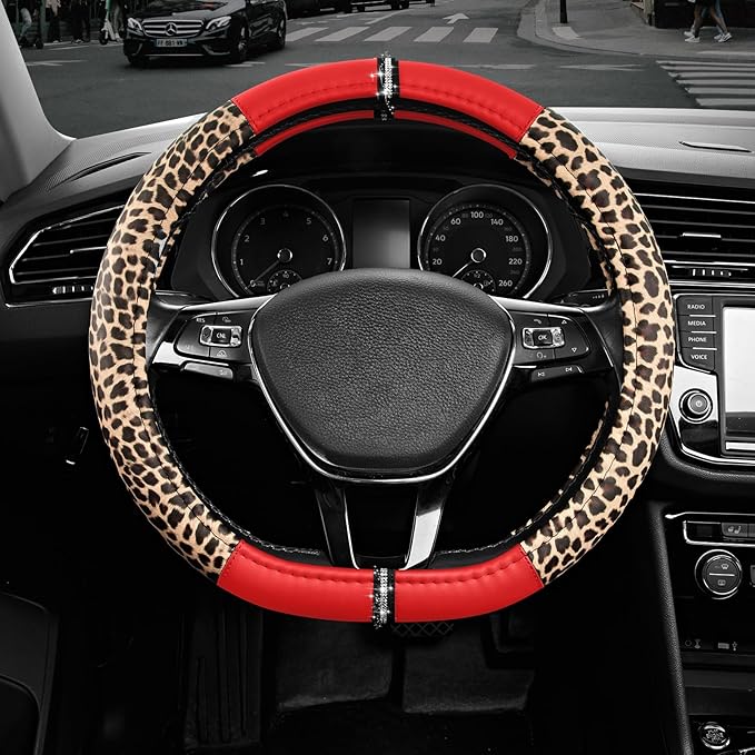 Road Comforts Leopard Steering Wheel Cover for Women, Cute Anti-Slip Microfiber Leather, Fits D Shape Flat Bottom Steering Wheel 14.5-15 Inch - Red
