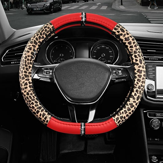 Road Comforts Leopard Steering Wheel Cover for Women, Cute Anti-Slip Microfiber Leather, Fits D Shape Flat Bottom Steering Wheel 14.5-15 Inch - Red