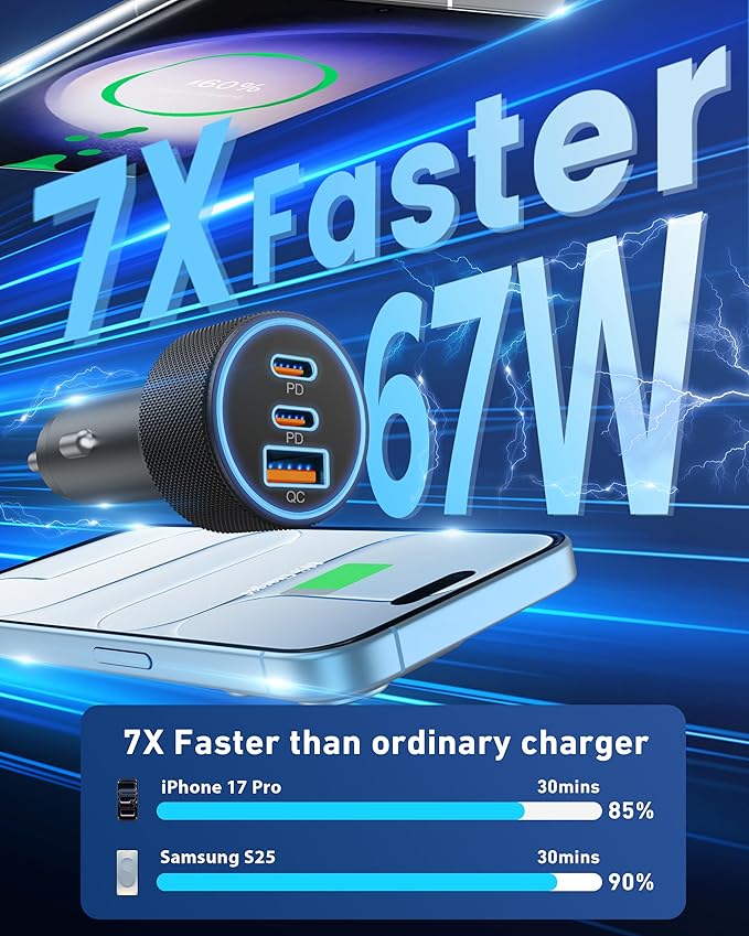 67W 3-Port Super Fast Type C Car Charger USB C for Samsung Galaxy S26 S25 S24 S23 S22 Ultra, iPhone 17/Air/16/15 Pro Max, Android, PD/QC Car Phone Adapter Accessories for Men Women + 3FT USB-C Cable