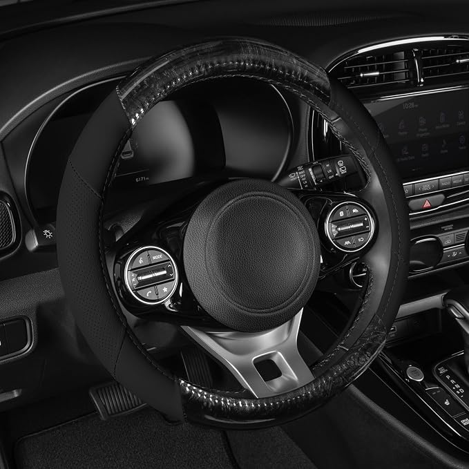 BDK BurlwoodLux Wood Grain and PU Leather Black Steering Wheel Cover - Sport Grip for Car Auto SUV Trucks