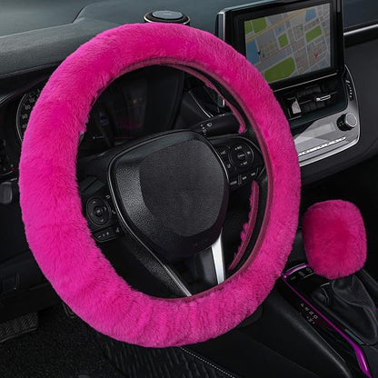 SEG Direct Furry Car Steering Wheel Cover with Gear Shift Cover, Soft and Warm, Cute Fluffy Auto Decor for Women Men, Standard Size, 2 PCS Set, Magenta