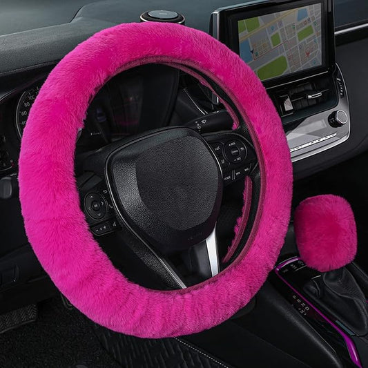 SEG Direct Furry Car Steering Wheel Cover with Gear Shift Cover, Soft and Warm, Cute Fluffy Auto Decor for Women Men, Standard Size, 2 PCS Set, Magenta
