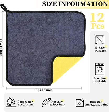 Tallew 12 Pcs Microfiber Towels for Cars, 800 GSM Plush Drying Cleaning Cloth Bulk, 16 x 16 Inch Thick Absorbent Wash Detailing Towels for Car Polishing, House, Kitchen Cleaning(Yellow and Gray)