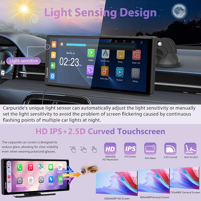 CarpurideW903S3 9.33 Inch HD Wireless Carplay & Android Auto Screen, 4K Front + Wired 1080P Rear + Infrared Camera, with Loop Recording, Bluetooth, GPS, FM, Super Link, 64GB TF