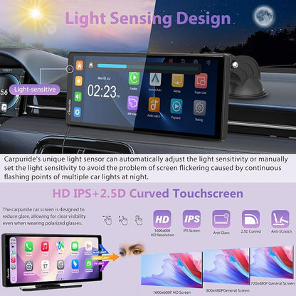 CarpurideW903S3 9.33 Inch HD Wireless Carplay & Android Auto Screen, 4K Front + Wired 1080P Rear + Infrared Camera, with Loop Recording, Bluetooth, GPS, FM, Super Link, 64GB TF
