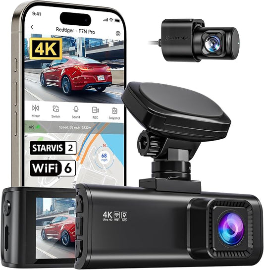 REDTIGER F7N Pro 4K Dash Cam Front and Rear, STARVIS 2 Sensor, 4K/2.5K+1080P Dual Dash Camera for Cars, Built-in 5.8Hz WiFi 6, GPS Tracking, 3.18 Inch Screen, Parking Monitor(SD Card Not Included)