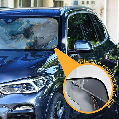 Black Marble White Gold Swirl Windshield Sunshade Car Sun Shade Front Window Shade for Truck SUV Blocks UV Rays Sun Reflector Visor Protector Accordion Folding