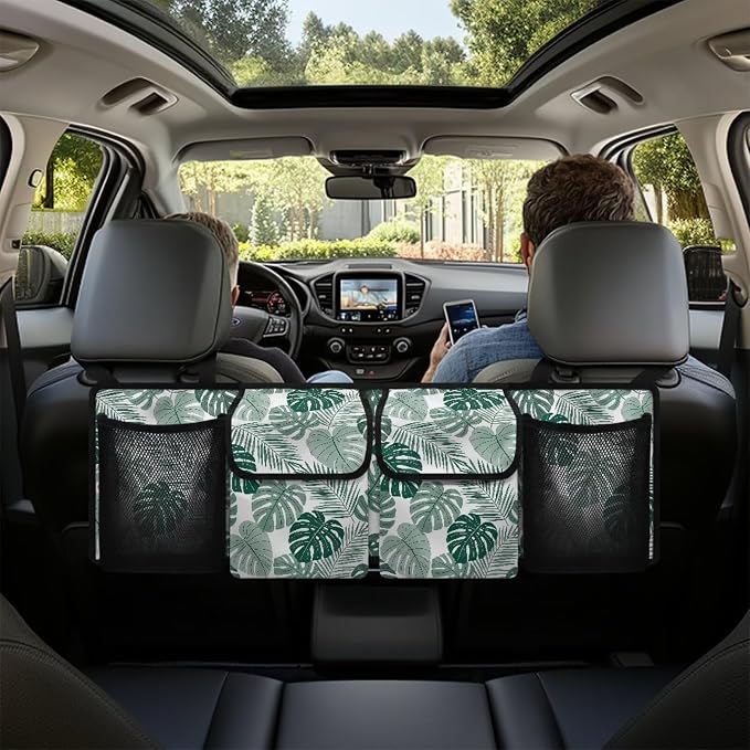 Tropical Leaves Car Backseat Organizer Adjustable & Waterproof Cars Interior Accessories Backseat Hanging Storage Bag with 4 Pockets Universal Fit for Most Cars,SUV,Sedan