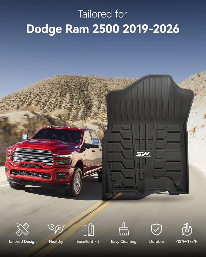 3W Floor Mats for 2019-2025 2026 Ram 2500/3500 Crew Cab with Bucket Seat (Not for PTO KIT Models), All Weather TPE Custom Fit Dodge Ram 2500/3500 Floor Liners 1st & 2nd Row (for Carpet Floor), Black
