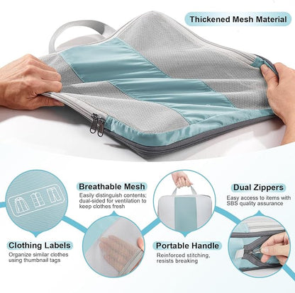 OlarHike 8 Set Compression Packing Cubes for Travel Essentials,Compressible Expandable Space Saver Bags for Organizing Clothes,Luggage Suitcase Garment Bags with Over 1000 pcs Mesh Holes(Blue Gray)