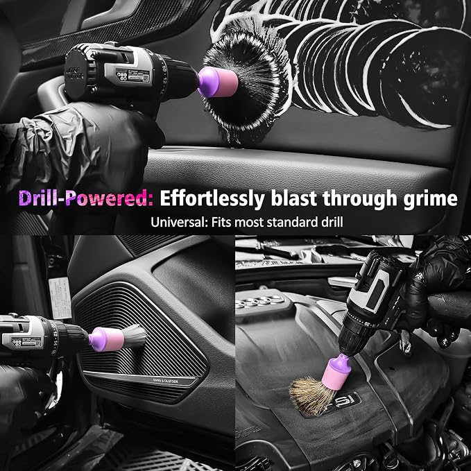 3Pcs Car Detailing Drill Brush Set with Drill Brush Attachment Head, 1P Ultra Soft No Scratch Car Drill Brush for Air Vent Leather Seat, 1P Boars Hair & 1P Detailing Brushes for Interior Exterior,Pink