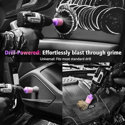 3Pcs Car Detailing Drill Brush Set with Drill Brush Attachment Head, 1P Ultra Soft No Scratch Car Drill Brush for Air Vent Leather Seat, 1P Boars Hair & 1P Detailing Brushes for Interior Exterior,Pink