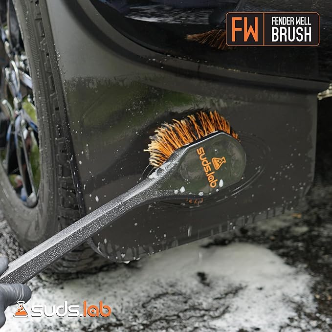 Suds Lab FW Fender Well Brush, Car Wash Brush, Long Handle Tire Cleaner for Car Detailing, 18 Inch, Soft Bristles, Non-Slip Grip, Black