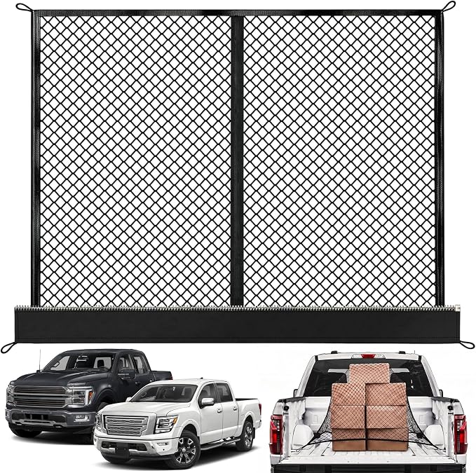 Cargo Net for Ford F-Series 2015-2026, Nissan Titan 2016-2024 | Heavy Duty Truck Bed Organizer, Highly Elastic Tailgate Net with Carabiners, Weatherproof Mesh Cover with Attached Zipper Bag