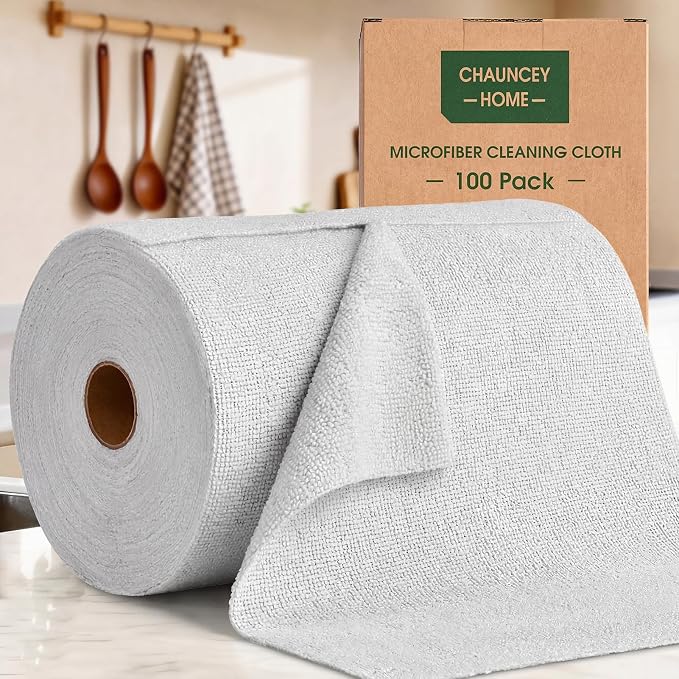 Microfiber Cleaning Cloth Roll - 100 Pack Tear Away Microfiber Paper Towels, Reusable, Washable, Scratch-Free, Kitchen Towels for Car, Home, Kitchen, Glass, Dishes (Light Grey)