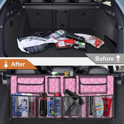 Car Trunk Organizer, Super Capacity Backseat Car Organizer for SUV/Truck/MPV(42"*18"), Hanging Car Storage Organizer with 8 Pocekts, Car Accessories for Women and Men- Pink