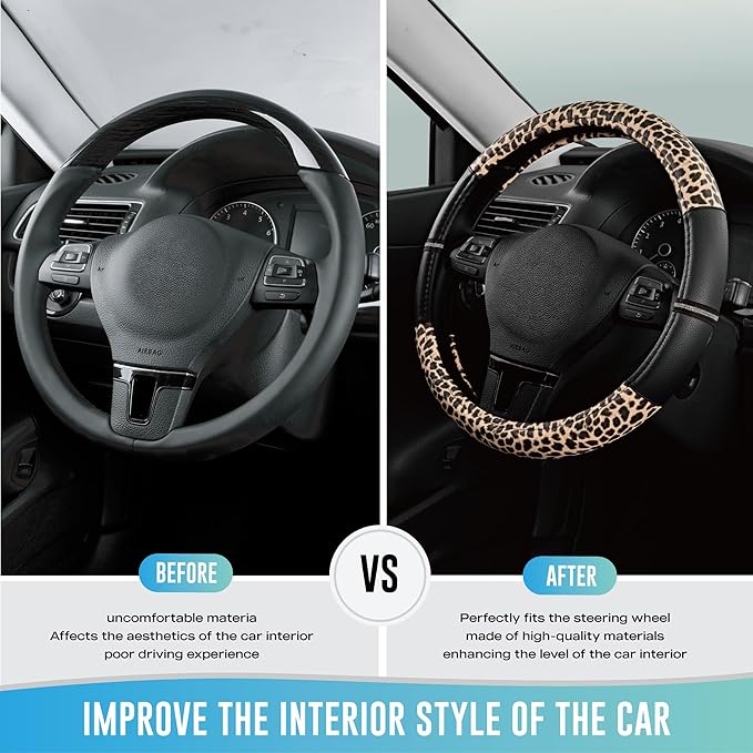 Road Comforts Leopard Steering Wheel Cover for Women, Cute Anti-Slip Microfiber Leather, Universal Fit 14.5-15 Inch Round Steering Wheel - Black