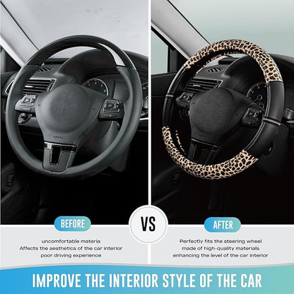 Road Comforts Leopard Steering Wheel Cover for Women, Cute Anti-Slip Microfiber Leather, Universal Fit 14.5-15 Inch Round Steering Wheel - Black