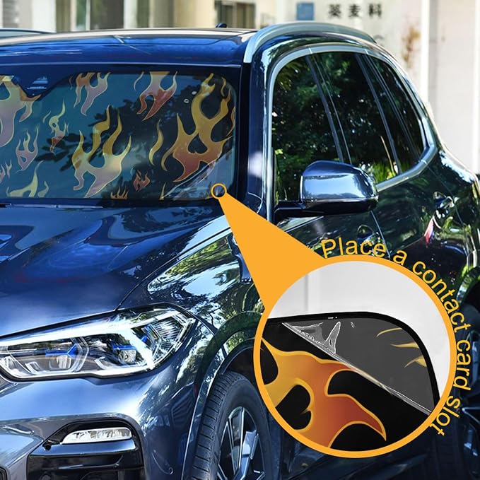 Windshield Sun Shade Yellow Orange Fire Flames Front Window Block UV Shades Visor Reflective Retractable for Car SUV Trucks