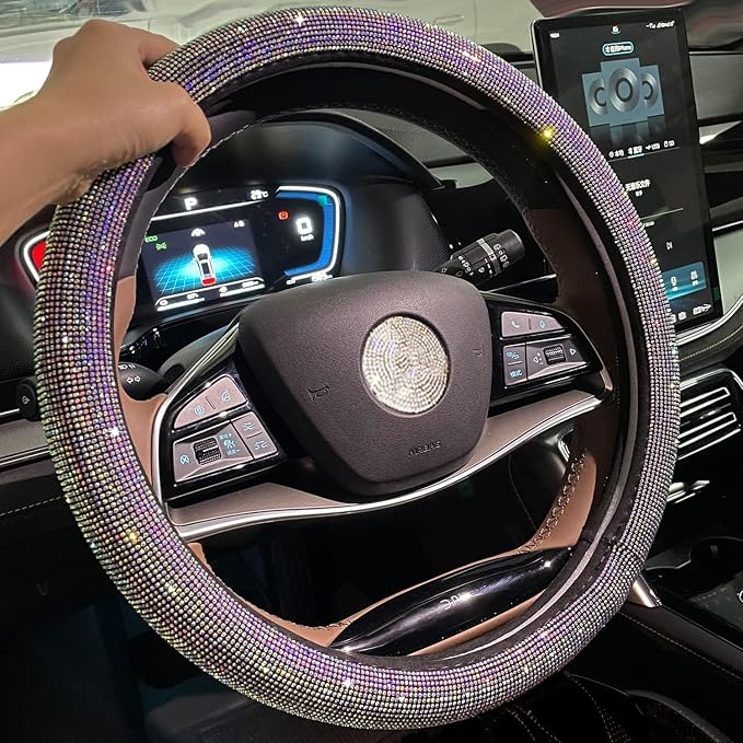Carwales Car Bling Steering Wheel Cover for Women Girls 15 Inch Universal Colorful Crystal Rhinestone Diamond Rainbow Bling Accessories Anti Slip Wheel Protector Sparkling, Black