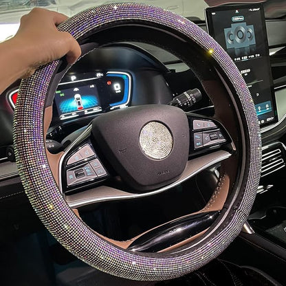 Carwales Car Bling Steering Wheel Cover for Women Girls 15 Inch Universal Colorful Crystal Rhinestone Diamond Rainbow Bling Accessories Anti Slip Wheel Protector Sparkling, Black
