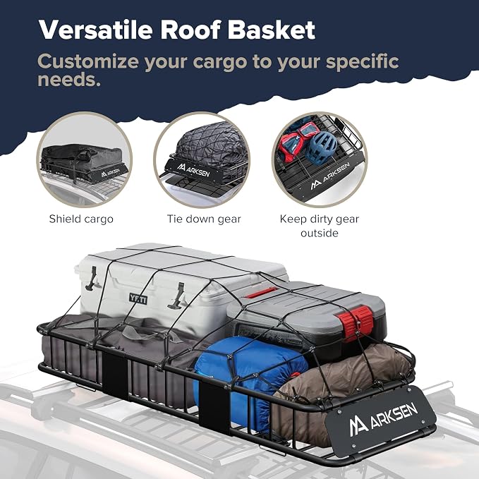 ARKSEN 64"x23"x6" Roof Rack Skinny Cargo Carrier with Basket & Net, Heavy Duty Weather Resistant Top Mount Cargo Rack, Luggage & Camping Gear Storage for Car, Truck or SUV Transport
