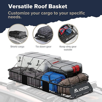 ARKSEN 64"x23"x6" Roof Rack Skinny Cargo Carrier with Basket & Net, Heavy Duty Weather Resistant Top Mount Cargo Rack, Luggage & Camping Gear Storage for Car, Truck or SUV Transport