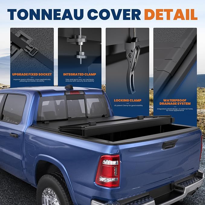 KUIPERAUTO 6.4FT FRP Hard Tri Truck Bed Cover Compatible for 2009-2026 Dodge Ram 1500 (w/o Ram Box) 6.4 FT Tonneau Cover