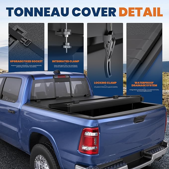 KUIPERAUTO 5.7FT FRP Hard TrI-fold Truck Bed Cover Compatible with 2009-2026 Dodge Ram 1500 (Inclu. 2019-2024 Classic & 2019-2026 New Body Style) Tonneau Cover (w/o Ram Box)