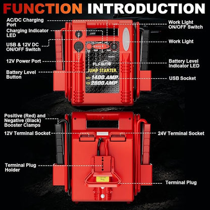 2800A/1400A Heavy Duty 12V/24V Car Jump Starter & Battery Booster – Jumper Pack, Lead-Acid Emergency Power for Cars, Trucks, SUVs, Boats, RVs | FlyAuto
