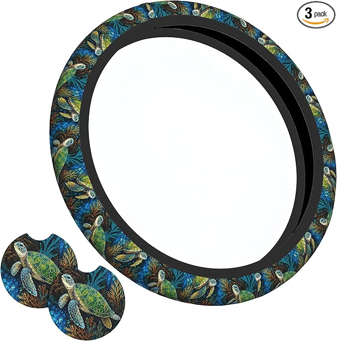 Sea Turtle Steering Wheel Cover + 2 Cup Coasters - Neoprene Non-Slip, Breathable Elasticity Universal Fit 14.5-15.6 Inch for Cars/Trucks/SUV - Car Interior Decoration