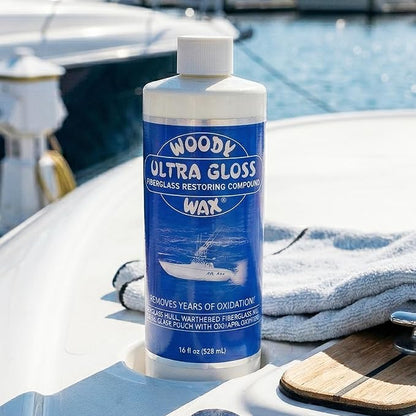 Woody Wax Ultra Gloss Restoring Compound, Professional-Grade Fiberglass Restoration & Oxidation Remover for Boats & Yachts, Diminishing Micro-Abrasive Formula for High Gloss Gel Coat Finish, 16 oz