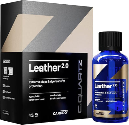 CARPRO CQUARTZ Leather 2.0 - Kit - Hydrophobic & Oil Phobic, Safe on All Car Leather, Resistance to UV, Denim Dye Coloring, Abrasion and Stains (30ml Kit)