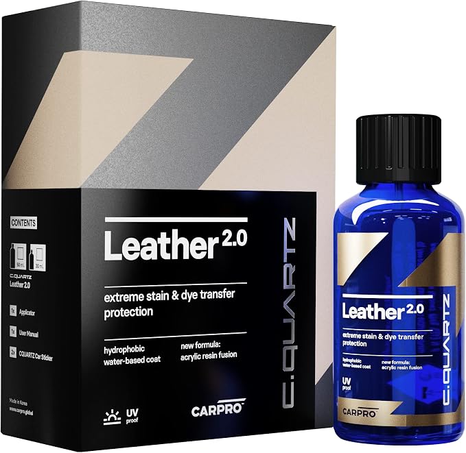 CARPRO CQUARTZ Leather 2.0 - Kit - Hydrophobic & Oil Phobic, Safe on All Car Leather, Resistance to UV, Denim Dye Coloring, Abrasion and Stains (50ml Kit)