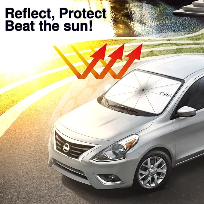 Windshield Sun Shade Foldable Umbrella, Sun Shade for Car Windshield, Car Window Shades [Silver Heat Shield - UV Reflective] Universal Fit Medium (56"x31")