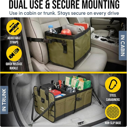 Heavy Duty 3-Section Trunk Organizer – Extra Large Collapsible & Foldable Cargo Box, Modular Car Storage System for SUV, Truck, Van – Green
