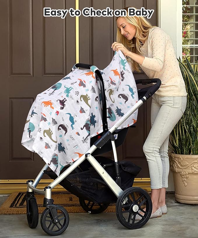 Rquite Baby Boy Car Seat Cover, 100% Muslin Cotton Infant Carseat Canopy, Soft Breathable Stroller Sun Shade & Newborn Shower Gift, Large Size Universal Fit Summer, Hot & Warm Weather (Gray Dinosaur)