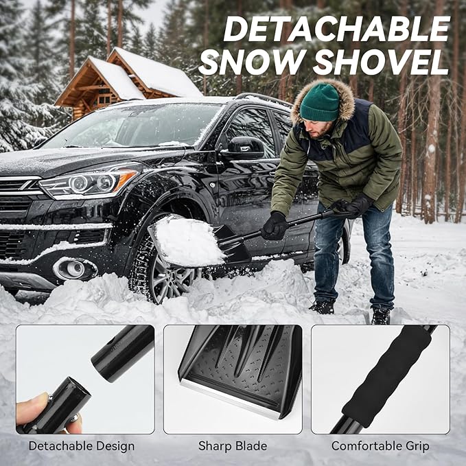 Car Emergency Safety Kit Bag with Digital Air Compressor,Jumper Cables,First Aid Kit, Winter Vehicle Roadside Safety Kit with Detachable Snow Shovel, for Women, Men, Teen
