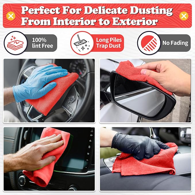 FIXSMITH Microfiber Cleaning Cloth, Shop Towels Bulk, 24 Pack Red Microfiber Towels for Cars, All-Purpose Absorbent Cleaning Rags, Dust Cloth for Automotive, Mechanic, Garage, Bar, 12 x 11 inch