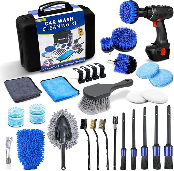 COOGEO 29Pcs Car Detailing Kit,Compelete Car Cleaning Kits Interior Cleaner with Detailing Brushes,Drill Brush Heads,Car Wash Kit with Cleaning Gel,Wash Mitt,Car Hooks,Car Care Gift for Men