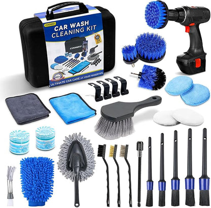 COOGEO 29Pcs Car Detailing Kit,Compelete Car Cleaning Kits Interior Cleaner with Detailing Brushes,Drill Brush Heads,Car Wash Kit with Cleaning Gel,Wash Mitt,Car Hooks,Car Care Gift for Men