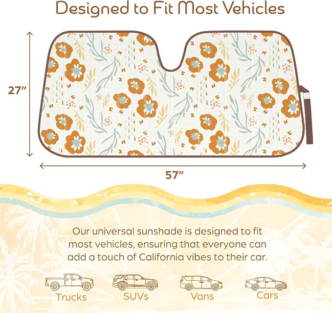 Carbella Orange Floral Car Windshield Sun Shade - Sun Visor Sunshade for Car Windshield - Window Shades for Cars, SUV & Truck - Dash Cover UV Protection for Front Window Shade Accessories - 57" x 27"