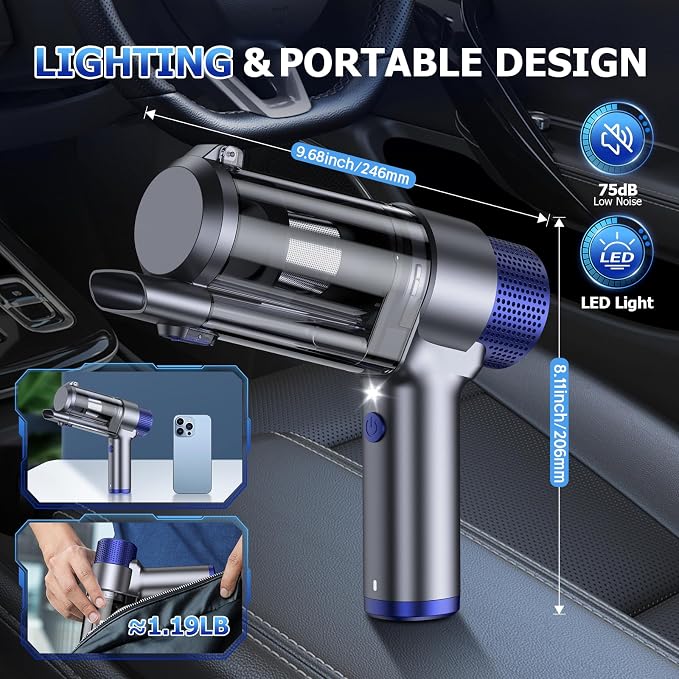 JONYJ Handheld Car Vacuum Cleaner Cordless, 16000PA Hand Held Vacuum Portable, 2 in 1 Air Duster and Mini Vacuum Cleaner Rechargeable with LED, Multi-Nozzles & Washable Filters for Home Office Car Pet