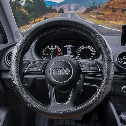 Haokay Heavy Duty Pure Cowhide Steering Wheel Cover, Black Genuine Leather Steering Wheel Cover Men Women Universal 14.5 to 15 Inch