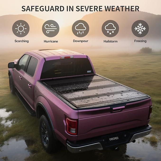 OEDRO Low-Profile Hard Quad-Fold Tonneau Cover Compatible with Toyota Tacoma 2024 2025 2026 (Excl. Trail Edition) 5ft Bed with Tacoma Bed Rail, One-Handed Quick Release, Drainage Design