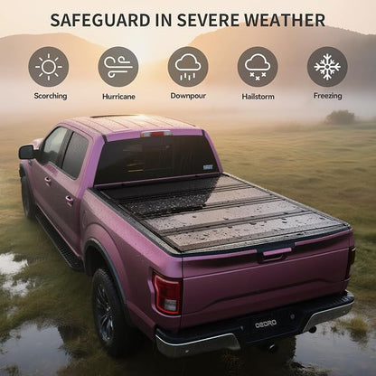 OEDRO Low-Profile Hard Quad-Fold Tonneau Cover Compatible with Toyota Tacoma 2016-2023 (Excl. Trail Edition) 5ft Bed with Tacoma Bed Rail, One-Handed Quick Release, Drainage Design
