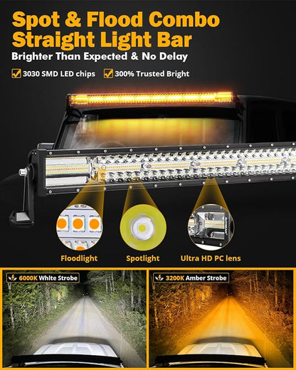 Auxbeam 42Inch 240W LED Straight Light Bar, 6 Modes Off Road Amber White Strobe Light, Dual Color Spot Flood Combo Beam Flashing Fog Driving Work Light with 10FT Wiring Harness Kit